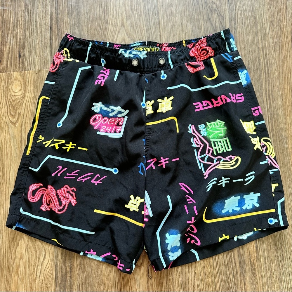 Surf Society Mens Swim Shorts Trunk Small Neon Japanese Bar Party Beach Lined 7”